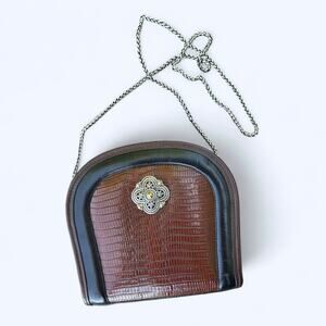 Vintage Brighton Black & Brown Leather Saddle Crossbody Bag Snakeskin